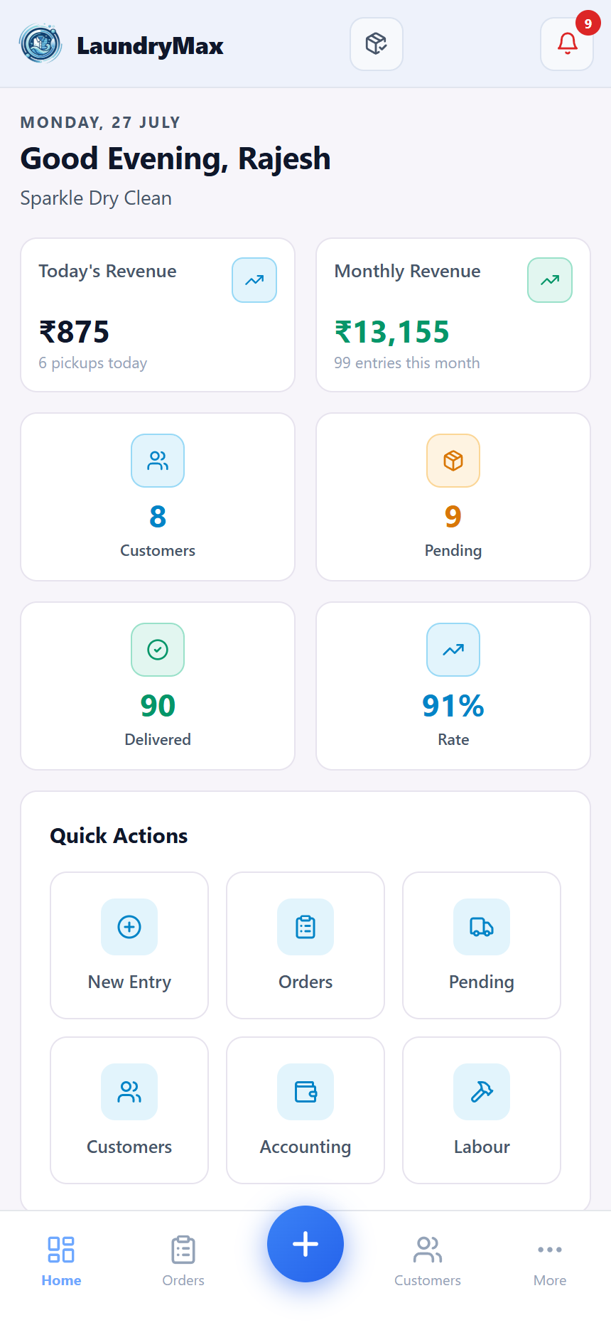 The LaundryMax dashboard running on a phone